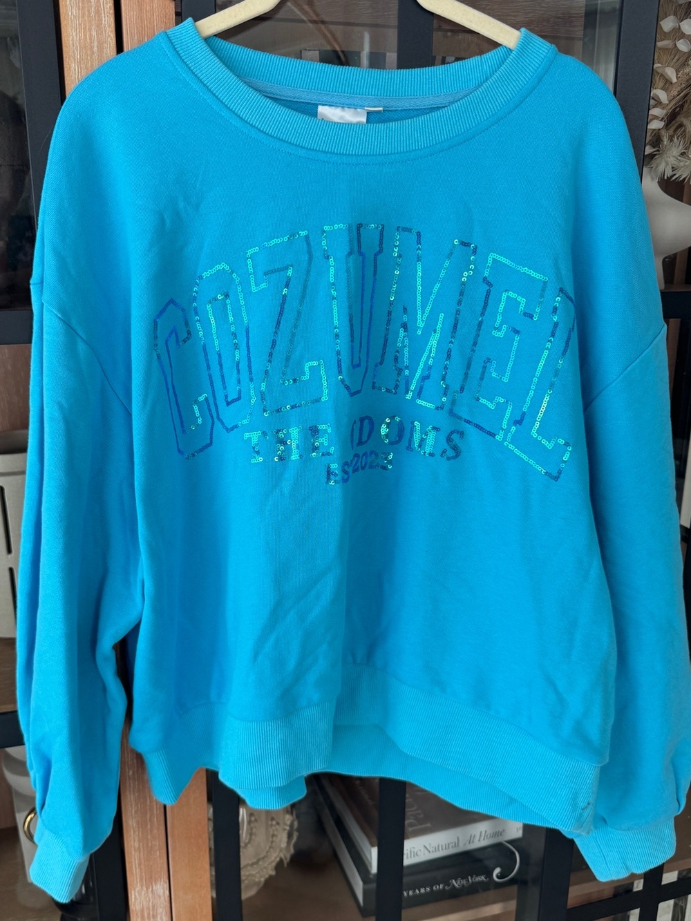 Queen of Sparkles sequined crewneck sweatshirt Cozumel Mexico turquoise theodoms